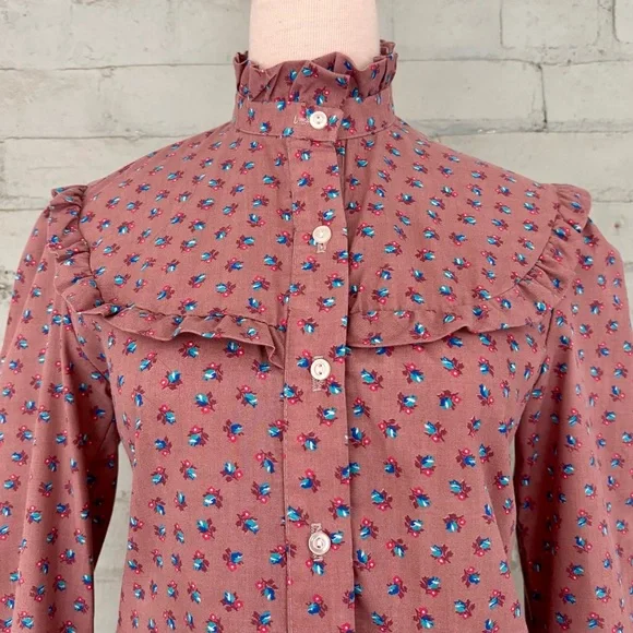 Vintage Floral Ruffle Peasant Blouse - Pink Calico - Picture 2 of 8